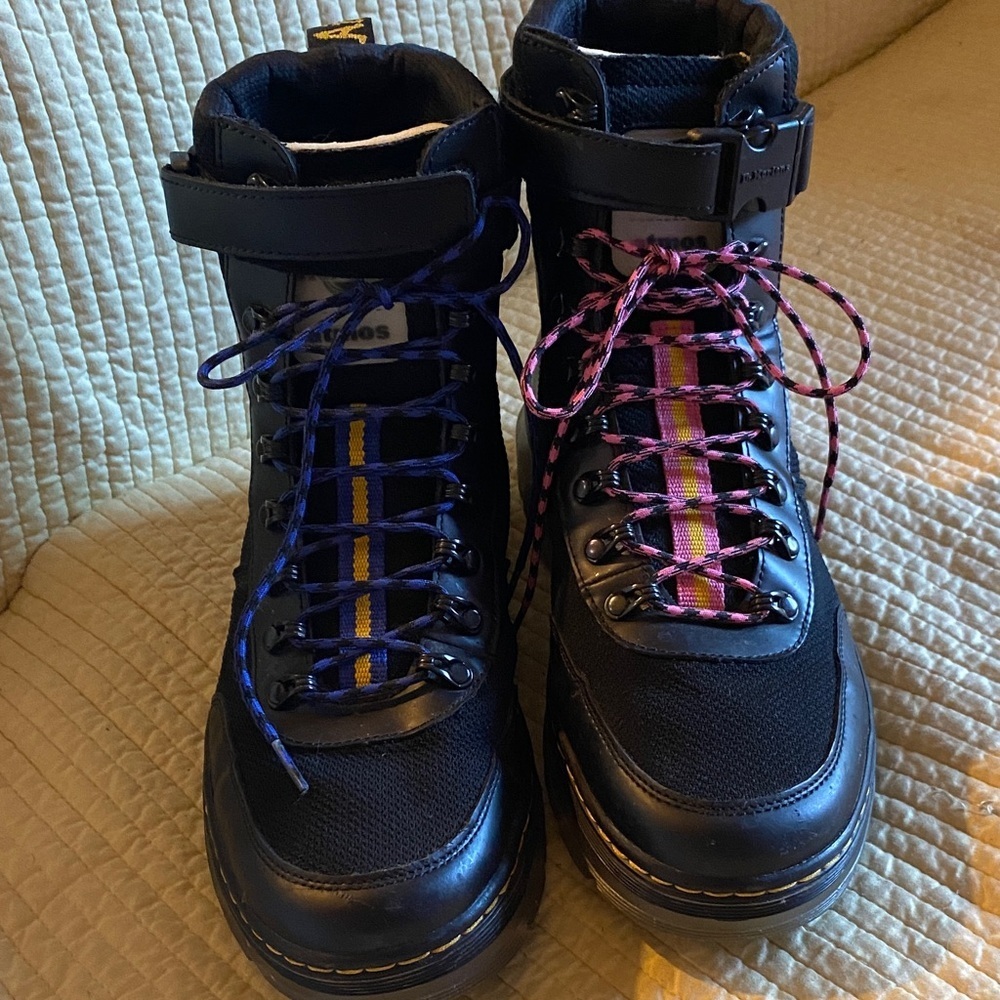 Dr. Martens Black Atmos Combat Boots with Purple and Pink Laces